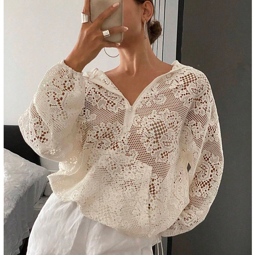 New to Posh C 🔆| Euro Style Jacquard Hooded Loose Zipper Hollow-Out Sweatshirt - Picture 1 of 8